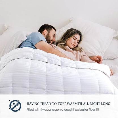 Blue Ridge Home Fashions 500 Thread Count Cotton Damask Duraloft Striped Down Alternative Lightweight Duvet Bed Comforter, Full/Queen, White