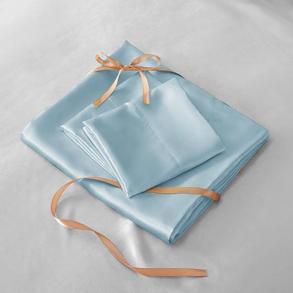 BEDELITE Satin Sheets Twin Size Bed Set, Luxury Soft Light Blue Silky Sheets for Hair and Skin, Similar to Silk Bed Sheets Set 3 Pieces with 1 Deep Pocket Fitted Sheet, 1 Flat Sheet, and 1 Pillowcase