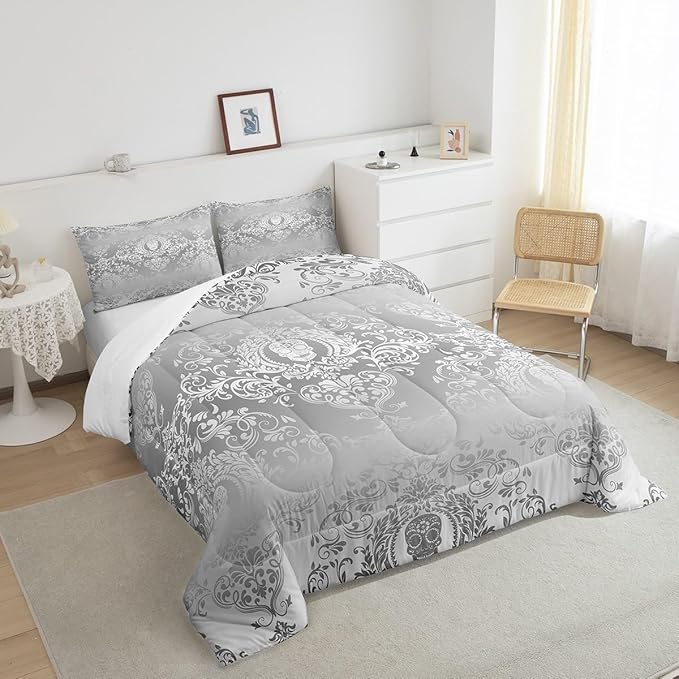 Feelyou Adults Silver Vintage Damask Floral Comforter Set Oriental Antique Comforter King Size Gothic Bohemia Boho Bedding Set Exotic Sugar Skull Duvet Set Quilt Set 3Pcs