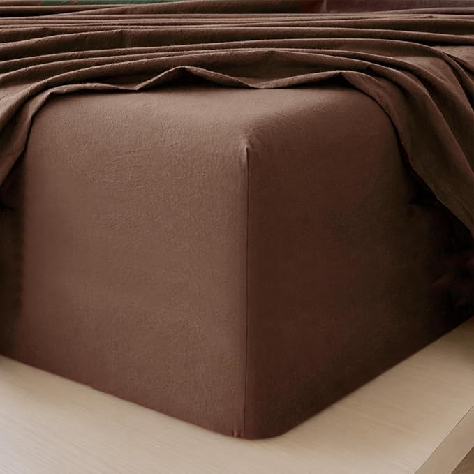 MooMee Fitted Bottom Sheet Only 100% Washed Cotton Linen Like Textured Breathable Durable Soft Comfy Deep Pocket Fits Mattress up to 17" (Cocoa Brown, Twin)
