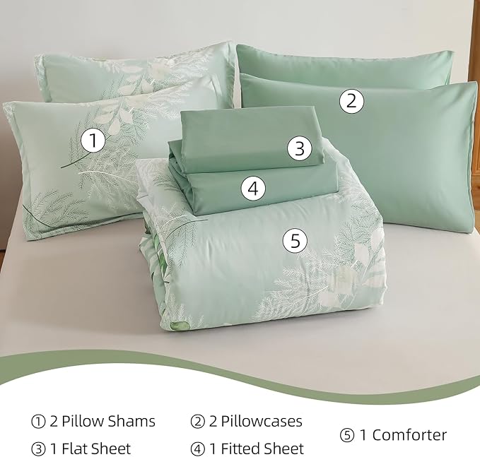 Anibedding Sage Green Queen Comforter Set, 7 Piece Botanical Gradient Leaves Ultra Soft Microfiber Down Alternative Bedding Set with Sheets and Bedroom for All Season