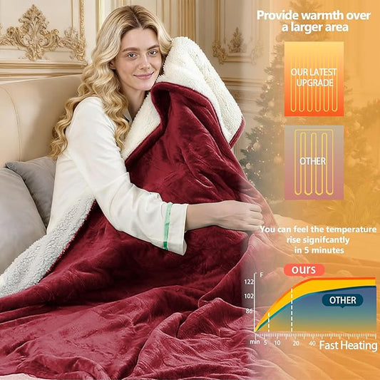 Electric Heated Blanket Queen Size 84''x90'' - Dual-Control Heating Blanket, Soft & Warm Flannel 10-Level Temperature Control, 8 Hours Auto Off, Rapid Heating & Overheat Protection