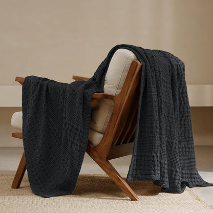 PHF 100% Cotton Waffle Weave Throw Blanket, Soft Lightweight Breathable Cozy Throws for Couch Bed Sofa, Luxury Aesthetic Blanket Gift for Home Decor & Office, 50"x60", Black