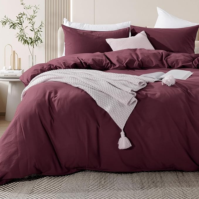 NEXHOME PRO Duvet Cover Set 100% Washed Cotton Oversized Queen 98"x98", Organic Natural Linen Look Textured 3 Pieces Bedding Set Burgundy Dark Red with Zipper Closure, Breathable (No Comforter)