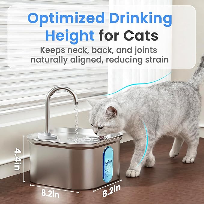 Cat Water Fountain Stainless Steel, 108oz/3.2L with 1 Filter | Auto Shut Off, Quiet Pump, Water Level Indicator, Dry-Run Protection, Large Square Pet Water Dispenser for Cats and Dogs