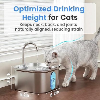 Cat Water Fountain Stainless Steel, 108oz/3.2L with 1 Filter | Auto Shut Off, Quiet Pump, Water Level Indicator, Dry-Run Protection, Large Square Pet Water Dispenser for Cats and Dogs