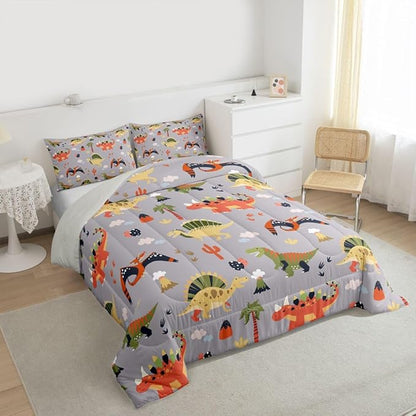 Feelyou Cartoon Dinosaur Comforter Set All Season Cute Bedding Set with 2 Pillow Cases Jungle Dino Kids Full Bedclothes Wild Animal Bedroom Decor Gray Duvet Quilt Breathable Soft
