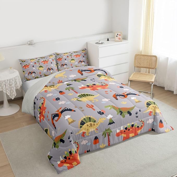Feelyou Cartoon Dinosaur Comforter Set All Season Cute Bedding Set with 1 Pillow Cases Jungle Dino Kids Twin Bedclothes Wild Animal Bedroom Decor Gray Duvet Quilt Breathable Soft