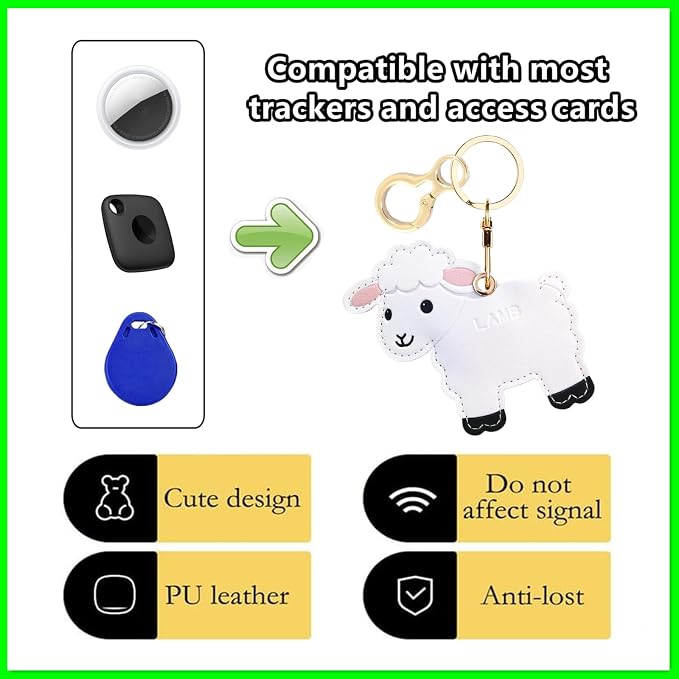 Leather Keychain Holder Case Compatible with AirTag,Cute Protective Cover with Keyring,Anti-Scratch Finder GPS Tracker Case for Wallet Keys,bag,pets,Backpack(White Lamb)