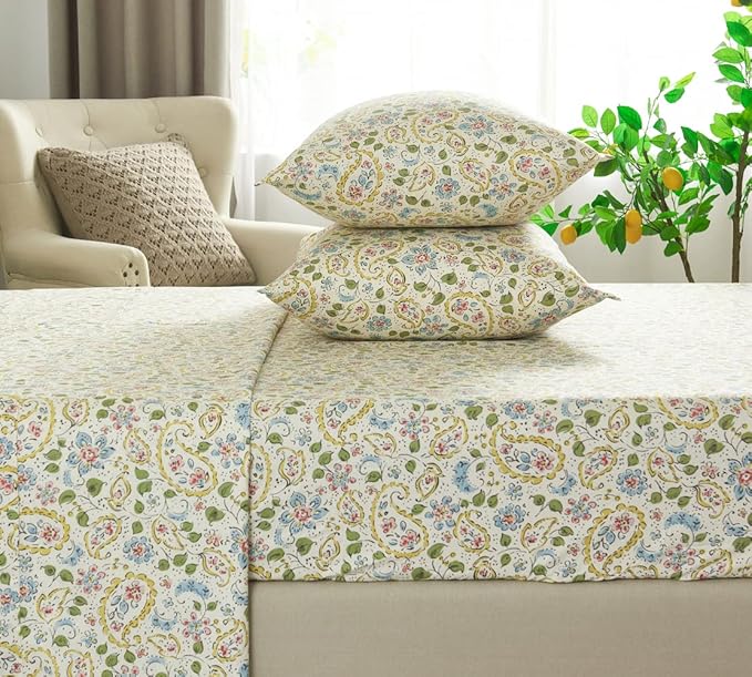 DAUAOTO Cotton Sheets Set California King Printed Bedding Sets, Farmhouse Paisley Pattern Bedlinen for Cal King Bed Up to 14" Deep Mattress Yellow