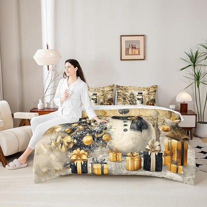 Castle Fairy Gold Christmas Tree 7 Pieces Comforter Sets Full,Luxury New Year Gifts Bedding Set for Kids Girls,Winter Cartoon Snowman Snowflake Bed in a Bag with Comforter,Sheets and Pillow Cases