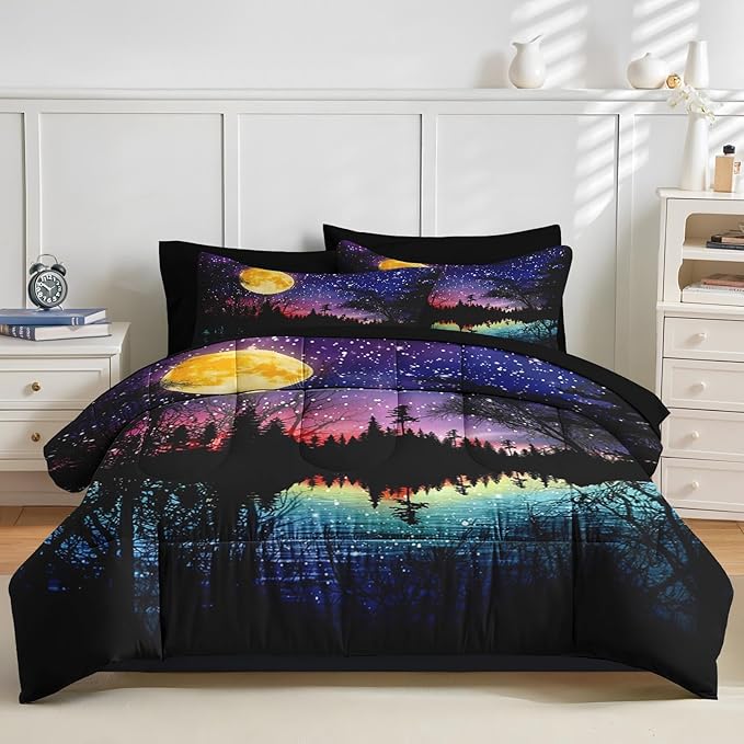 Nesker Comforter Set Full Size, Starry Woodland Fantasy 7 Pcs Bedding for Kids and Adults, Purple Lake Moonlight Bed Sheet Sets with Fitted Sheet 2 Pillowcases & 2 Shams