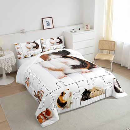 Castle Fairy Guinea Pig Queen Size Comforter Set,Lovely Animals 3D Cavy Down Alternative Comforter Adults Bedroom Decor,Cute Guinea Pigs Pet Ultra Soft Inner Fill 3Pcs Bedding