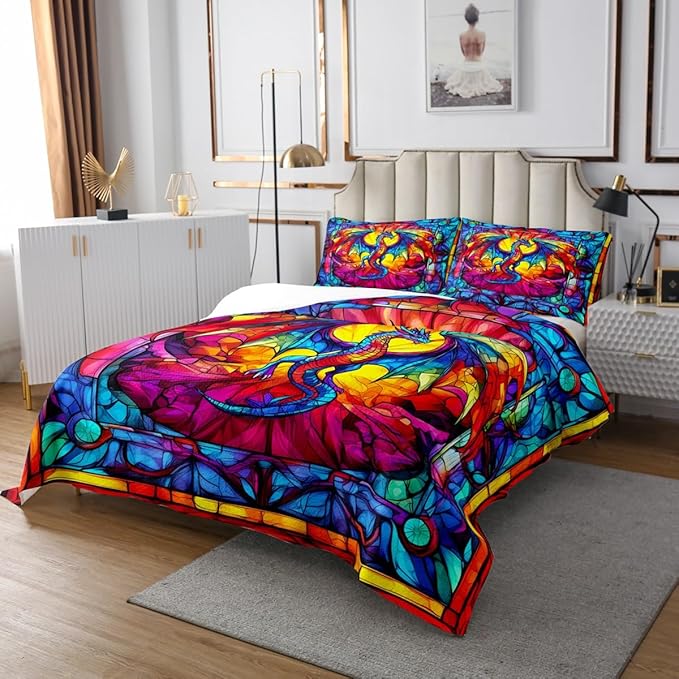 Flying Dragon Kids Bedspread Queen Size,Western Wing Dragon Gothic Halloween Coverlet Set,Boys Girls Room Decor,Geometric Abstract Modern Quilted Coverlet,Rainbow Retro Bedding Quilt,2 Pillowcases