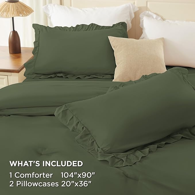 Andency Olive Green King Comforter Set (104x90Inch), 3 Pieces Ruffle Comforter Set with 2 Pillowcases, Farmhouse Shabby Chic Lightweight Fluffy Soft Polyester All Season Bed Set