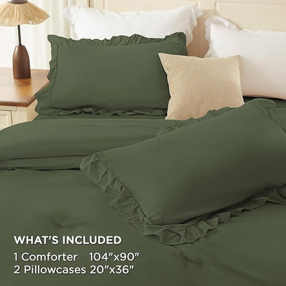 Andency Olive Green King Comforter Set (104x90Inch), 3 Pieces Ruffle Comforter Set with 2 Pillowcases, Farmhouse Shabby Chic Lightweight Fluffy Soft Polyester All Season Bed Set