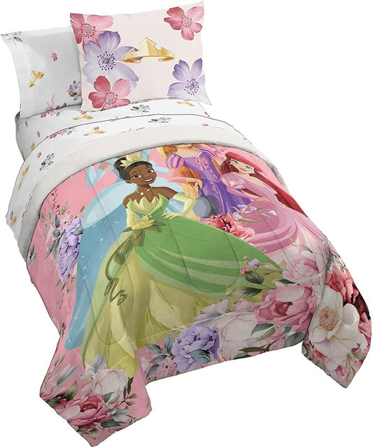 Jay Franco Disney Princess Full Size Comforter Set - 7 Piece Bedding Includes Sheet Set & Pillow Covers - Super Soft Cozy Floral Bedding with Cinderella and Ariel