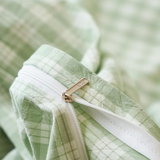 LifeTB Green Gingham Duvet Cover Set Full Size 100% Washed Cotton Sage Green Plaid Checkered Comforter Cover Linen Like Soft Breathable Grid Duvet Cover Vintage Farmhouse Gingham Bedding Set