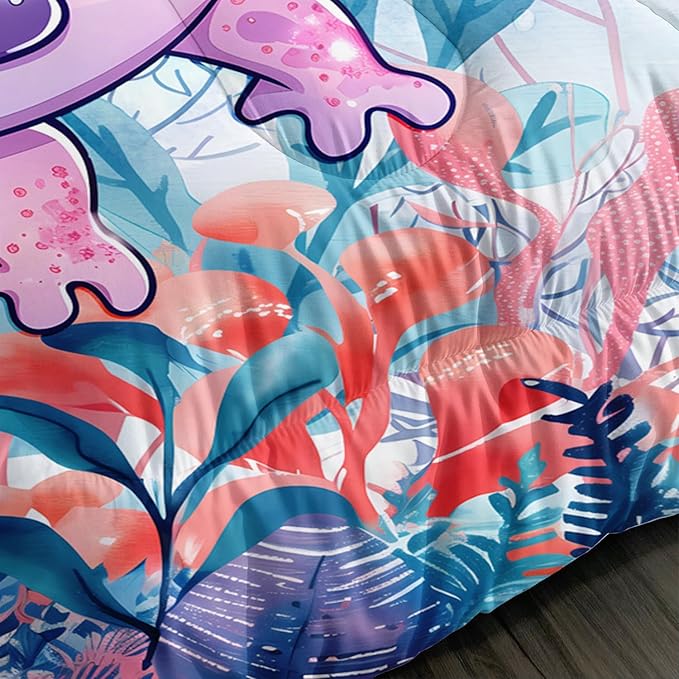 Cute Axolotl Bedding Set Queen Size,Color Axolotl Waterweed Jellyfish Pattern Toddler Bed Comforter Set,Kawaii Ocean Life Bedding Sets for Kids Boys Girls Room Decor with 2 Pillowcases.