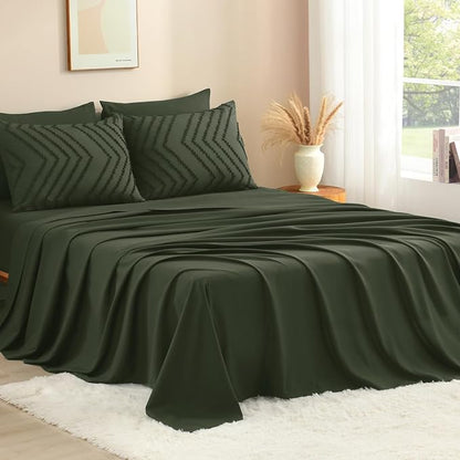 Litanika Super King Plus Size Comforter Set with Sheets Olive Green - 7 Pieces Bed in a Bag Oversized King Boho Tufted Complete Bedding Sets with Comforter, Sheets, Pillowcases & Shams