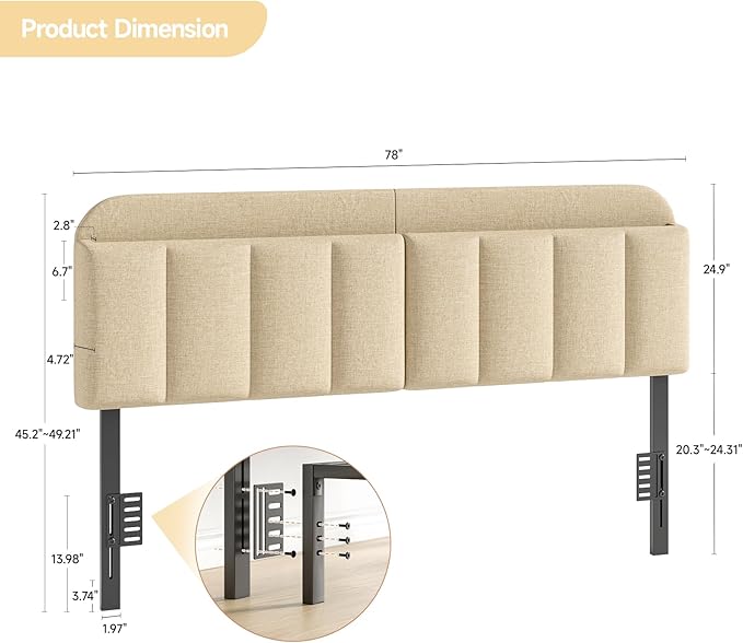 Adjustable Headboard for King/California King Size Bed Frame, Linen Fabric Bed Headboard with Storage & RGB LED Light in Modern Vertical Channel Design, Beige