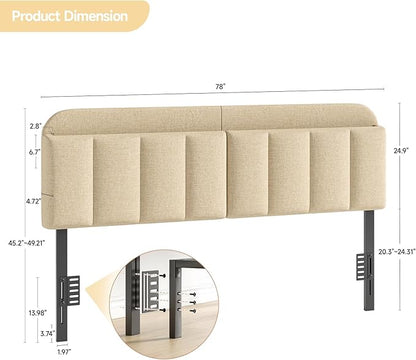 Adjustable Headboard for King/California King Size Bed Frame, Linen Fabric Bed Headboard with Storage & RGB LED Light in Modern Vertical Channel Design, Beige