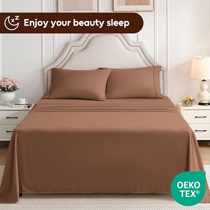 King Size Sheets Set, 4 Pieces Hotel Luxury Soft Microfiber Bed Sheets Set, Up to 16" Deep Pockets, Oeko-Tex Sheets with Elastic, Breathable, Wrinkle Free (Brown,King)