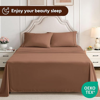 Twin Sheets Set, 3 Pieces Hotel Luxury Soft Microfiber Bed Sheets Set, Up to 16" Deep Pockets, Oeko-Tex Sheets with Elastic, Breathable, Wrinkle Free (Brown,Twin)