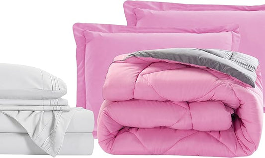 Elegant Comfort 7-Piece Bed-in-a-Bag Comforter & Sheet Set - Luxury 1500 Thread Count RV SHORT Size, Super Cozy, Wrinkle and Stain Resistant - Pink/Gray