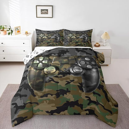 Feelyou Kids Gamer Comforter Set Camouflage Gaming Bedding Set for Boys Teens Bedroom Green Black Camo Video Game Decor Comforter Gamer Console Quilt Set Toddler Size Duvet Quilted 2Pcs
