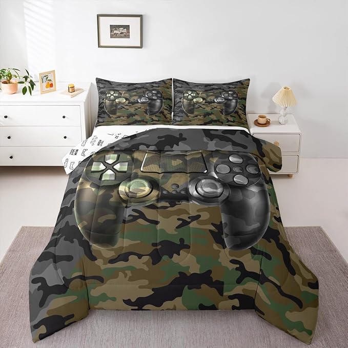 Kids Gamer Comforter Set Camouflage Gaming Bedding Set for Boys Teens Bedroom Green Black Camo Video Game Decor Comforter Gamer Console Quilt Set Full Size Duvet Quilted 3Pcs