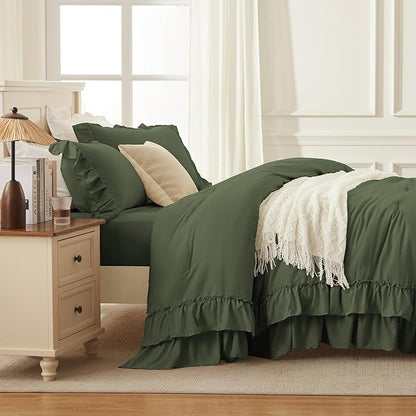 Andency Olive Green King Comforter Set (104x90Inch), 3 Pieces Ruffle Comforter Set with 2 Pillowcases, Farmhouse Shabby Chic Lightweight Fluffy Soft Polyester All Season Bed Set