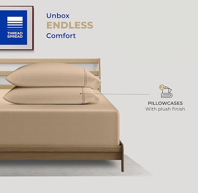 THREAD SPREAD 100% Cotton Pillow Cases Queen Size Set of 2 - Luxury 400 Thread Count Queen Pillow Cases (Taupe), Soft Cooling Breathable Hotel Quality Cotton Pillowcases, Fits Standard Pillows