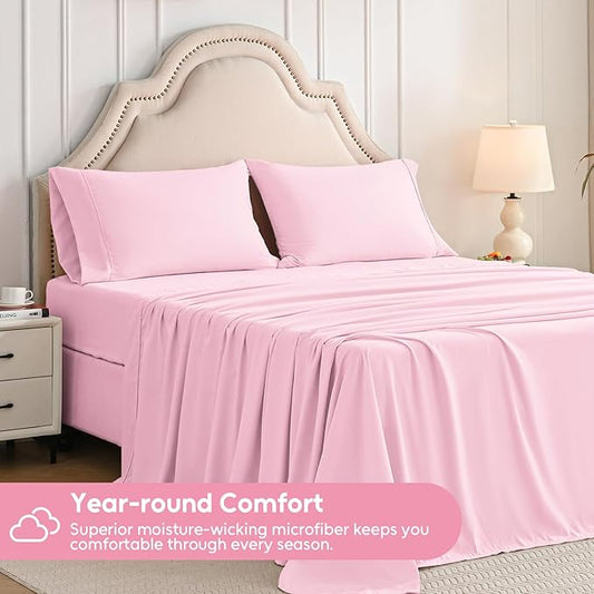 Twin Sheets Set, 3 Pieces Hotel Luxury Soft Microfiber Bed Sheets Set, Up to 16" Deep Pockets, Oeko-Tex Sheets with Elastic, Breathable, Wrinkle Free (Light Pink, Twin)