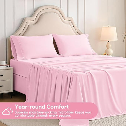 Full Size Bed Sheets Set, 4 Pieces Hotel Luxury Soft Microfiber Bed Sheets Set, Up to 16" Deep Pockets, Oeko-Tex Sheets with Elastic, Breathable, Wrinkle Free (Light Pink, Full)
