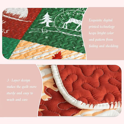 Whale Flotilla Patchwork Quilt King Size, Soft Boho Christmas Bedspreads for Bed Reversible Lightweight King Quilt Bedding Set Coverlets with 2 Pillow Shams for All Seasons, Happy Christmas