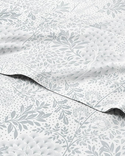 Floral Sheets - Grey Floral Bed Sheet Set - 1 Flat, 1 Fitted & 2 Pillowcases w/ Deep Pockets - Comfy, Wrinkle & Fade Free - Boho Botanical Bedding - Ultra-Soft, Breathable & Cooling - Full Size