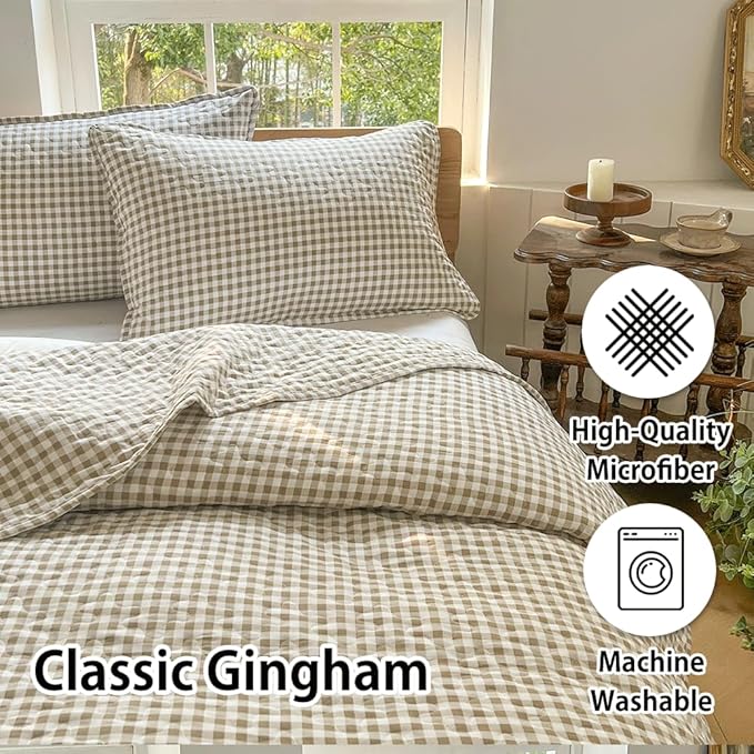 NSNLGSGC Tan Gingham King Quilt Set, Soft Pre-Washed Microfiber Taupe Plaid King Bedspread, Lightweight Checked Summer Quilt, Grid Bedding Coverlets for All Seasons (Includes 1 Quilt, 2 Pillow Shams)