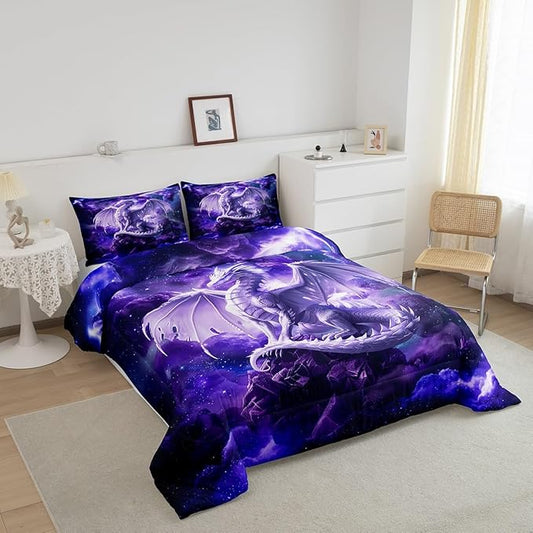 3D Dragon Bedding Set Full Size,Galaxy Starry Sky Comforter Set for Kids Boys Girls Room Decor,Glitter Nebula Outer Space Duvet Insert 3Pcs,Western Magical Animal Purple Quilt Set,2 Pillowcases