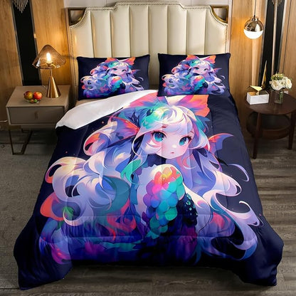 Erosebridal Anime Comforter Set Japanese Girl Bedding Comforter Sets 3D Cartoon Printed Bedding Queen for Kids Girls Anime Gifts Quilt with 2 Pillow Cases