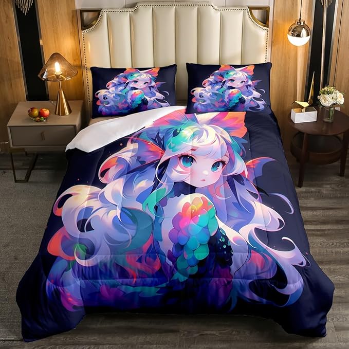 Erosebridal 3D Cartoon Printed Bedding Sets for Girls Anime Gifts Comforter 3Pcs, Japanese Girl Bed Comforter Set Kawaii Printing Duvet Set for All Season, King