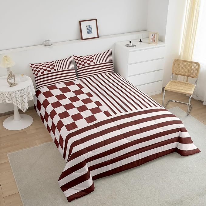 Brown Check Comforter Set Fashion Buffalo Plaid Bedding Set Modern Simple Style Bedding Home Decor Brown Stripes Geometric Comforter Twin Size Quilted Duvet Set 1 Comforter with 1 Pillowcase