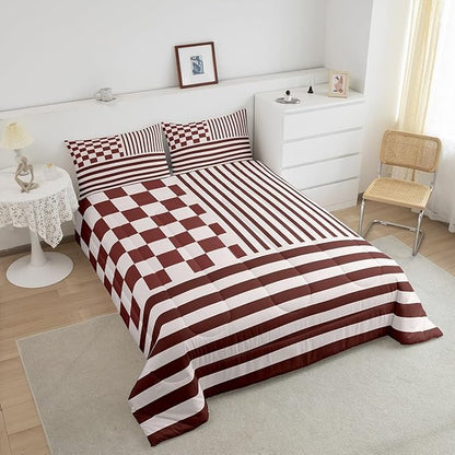 Brown Check Comforter Set Fashion Buffalo Plaid Bedding Set Modern Simple Style Bedding Home Decor Brown Stripes Geometric Comforter King Size Quilted Duvet Set 1 Comforter with 2 Pillowcase