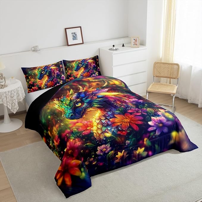 Feelyou Dragon Comforter Set Queen Size Shiny Dragon Comforter for Boys Girls Teens Wild Life Bedding Set Dragon Decor Duvet Set Room Decor Muticolor Quilt Set