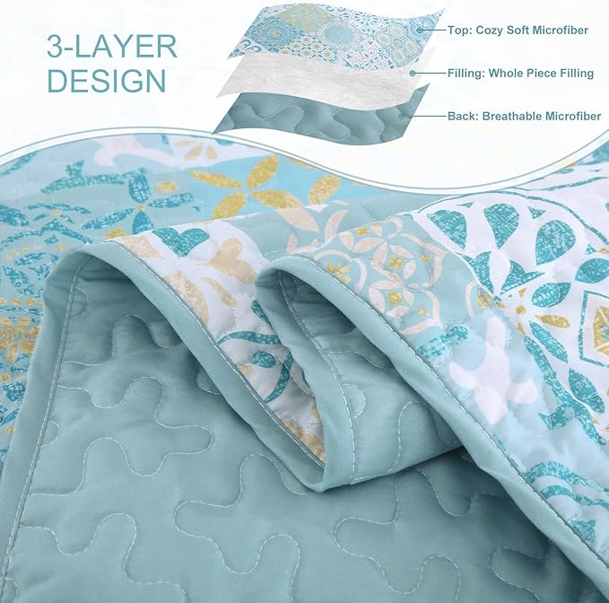 Dobuyly Patchwork Quilt Set Queen Size, Aqua Blue Boho Summer Bedspreads Coverlet Set, 3 Pieces Soft Lightweight Microfiber Quilt Bedding Set for All Seasons 96"x90"