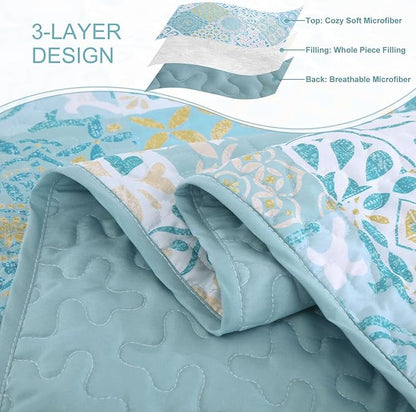Dobuyly Patchwork Quilt Set Queen Size, Aqua Blue Boho Summer Bedspreads Coverlet Set, 3 Pieces Soft Lightweight Microfiber Quilt Bedding Set for All Seasons 96"x90"