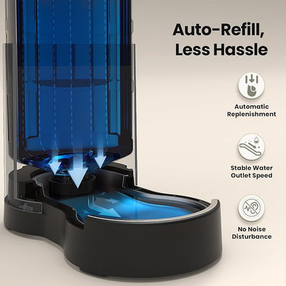 CZPET Dog Water Bowl Dispenser 8L, Wider Mouth Gravity Refilling (Black) | With Stainless Steel Bowl Gravity Waterer, Large Capacity and Drinking Area Noise-Free for Pets