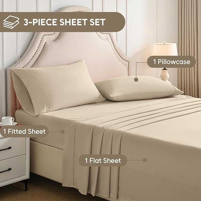 Twin Sheets Set, 3 Pieces Hotel Luxury Soft Microfiber Bed Sheets Set, Up to 16" Deep Pockets, Oeko-Tex Sheets with Elastic, Breathable, Wrinkle Free (Beige, Twin)