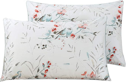 WINLIFE 100% Cotton Pillowcases King Set of 2, Floral Birds Printed on White King Pillow Cases 2, Soft and Envelope Pillow Case (King Size, 20x36 inches)
