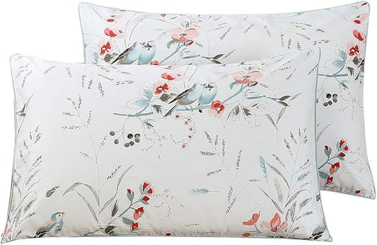 WINLIFE 100% Cotton Pillowcases King Set of 2, Floral Birds Printed on White King Pillow Cases 2, Soft and Envelope Pillow Case (King Size, 20x36 inches)